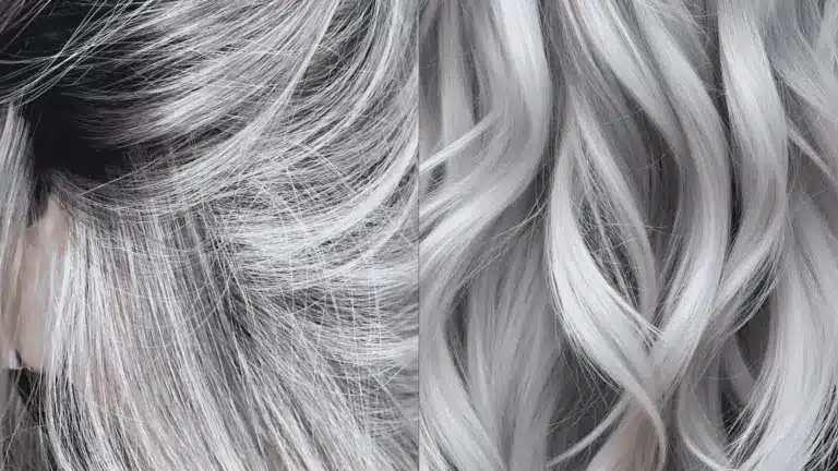 Close-up side-by-side of gray hair vs silver hair key differences explained through texture and shine