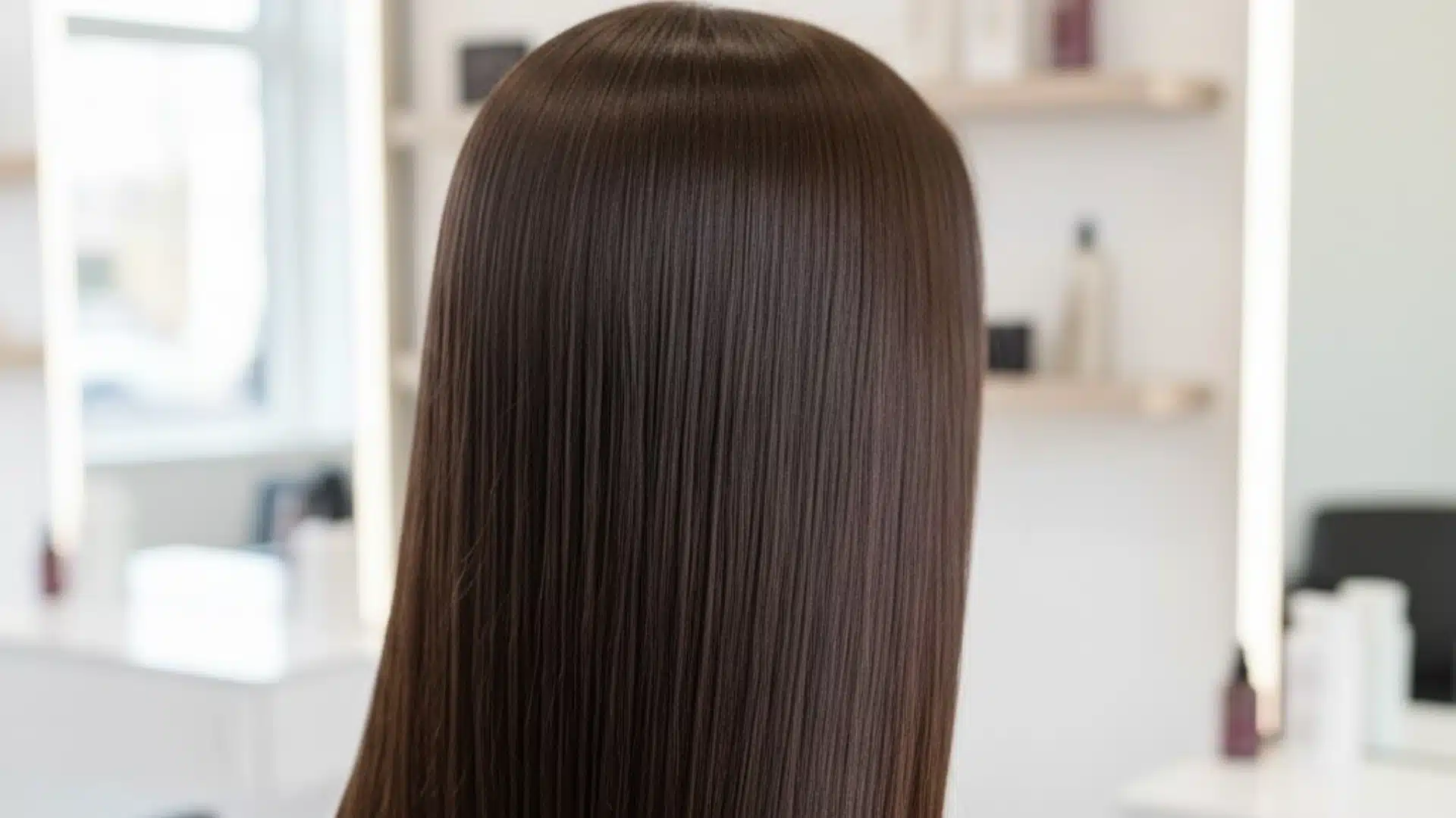 Close-up view from behind showing what is ahir glaze, straight, glossy dark brown hair in a brightly lit, blurred salon setting