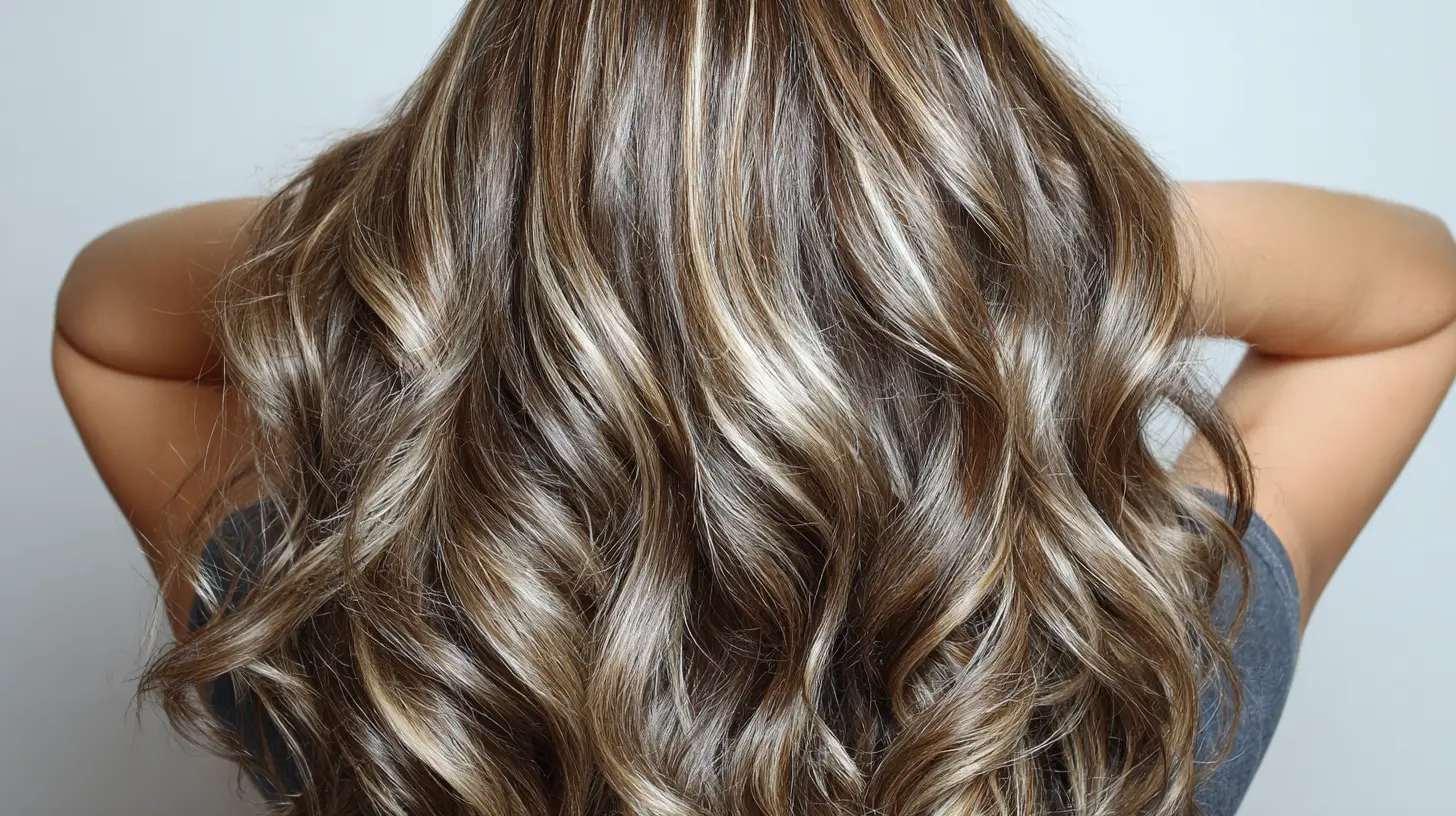 Close-up view of long, wavy brown hair with prominent golden blonde highlights against a light background