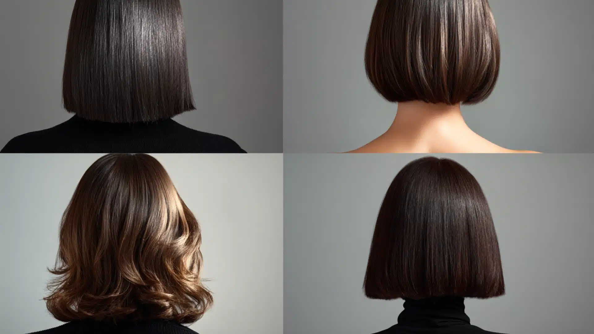 Collage showing four views of women from behind displaying different hairstyles, including blunt, bob, layered, and curtain bangs, against a gray background