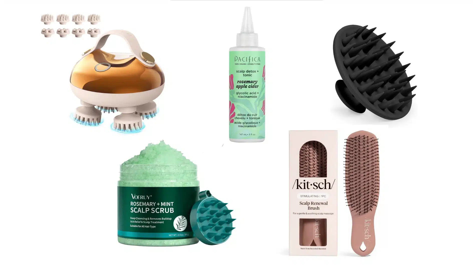 Collection of scalp care tools including brushes scrubs and serum bottles used to support exfoliation at home for scalp care