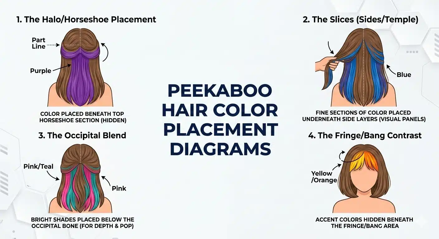 Diagrams illustrating peekaboo hair color placement techniques for creative hair styling