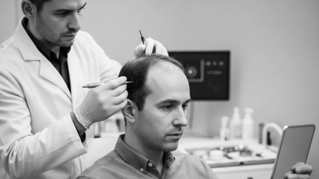 Doctor examining a man’s thinning scalp in clinic, assessing hairline for a 3000 hair transplant procedure in black and white.