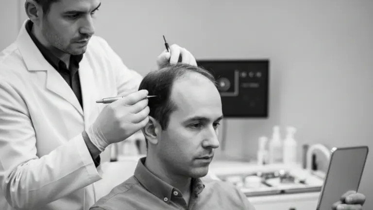 Doctor examining a man’s thinning scalp in clinic, assessing hairline for a 3000 hair transplant procedure in black and white.