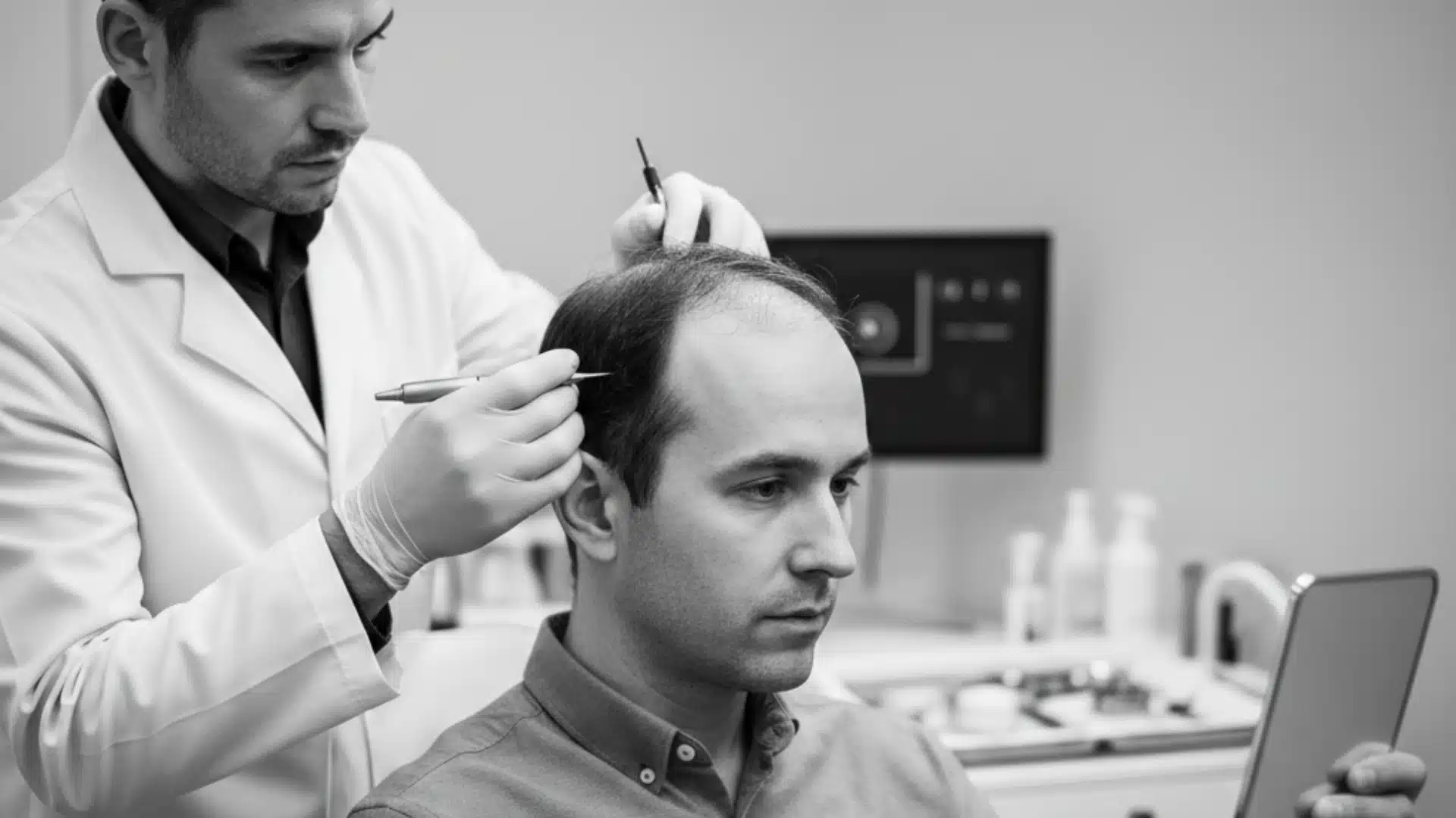 Doctor examining a man’s thinning scalp in clinic, assessing hairline for a 3000 hair transplant procedure in black and white.