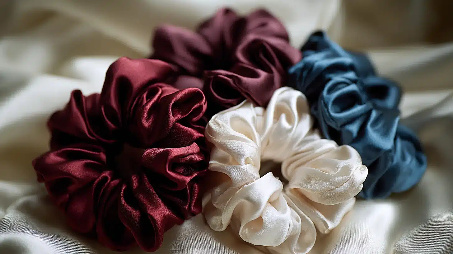 Four colorful scrunchies on a bed designed to protect hair from breakage while adding a stylish touch
