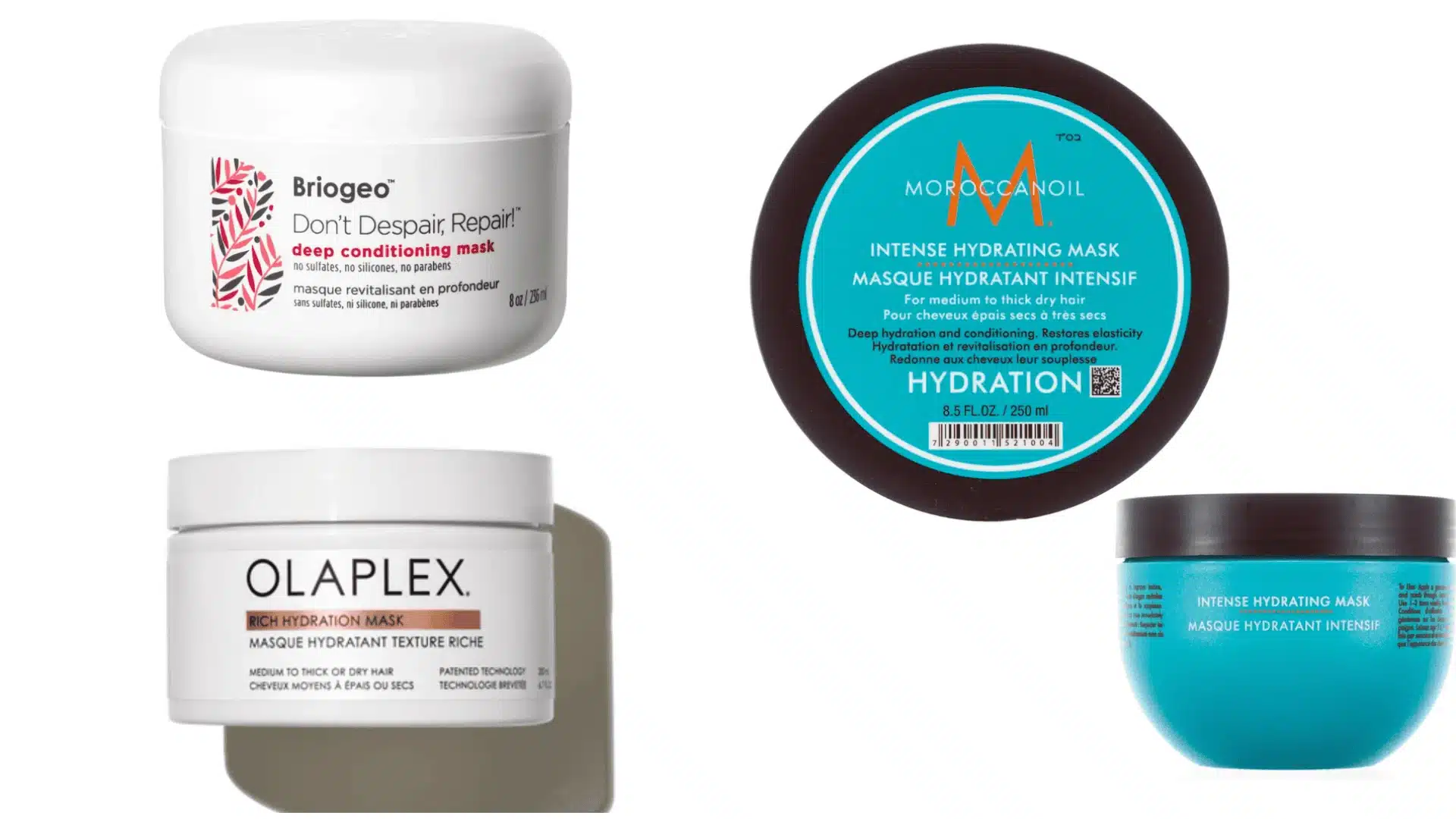 Four tubs of hair masks against a white background to show what does conditioner do for deep hydration and repairing hair (1) (1)