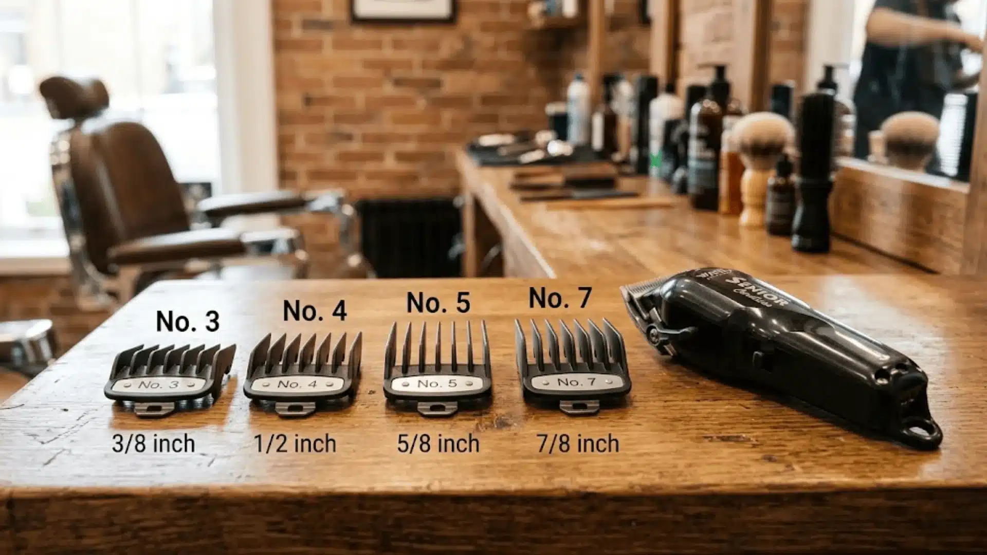 Hair clipper guard sizes No. 3, No. 4, No. 5, and No. 7 with inch measurements comparison