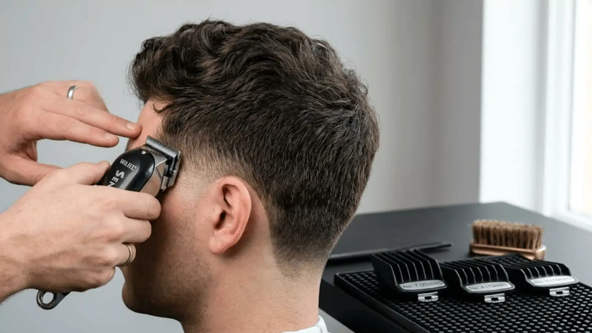 Haircut guard guide showing No. 3, 4, 5, and 7 clipper length differences in a fade