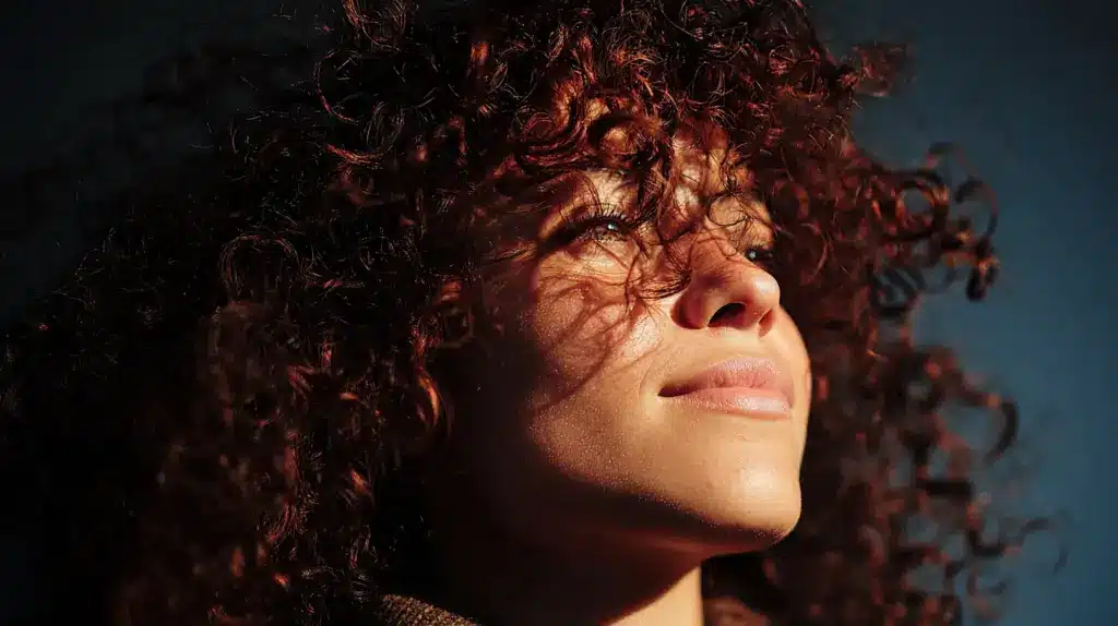 How Diet Changes Curly Hair Health and Growth Over Time shown in a close-up of a woman with dark auburn curls in dappled sunlight
