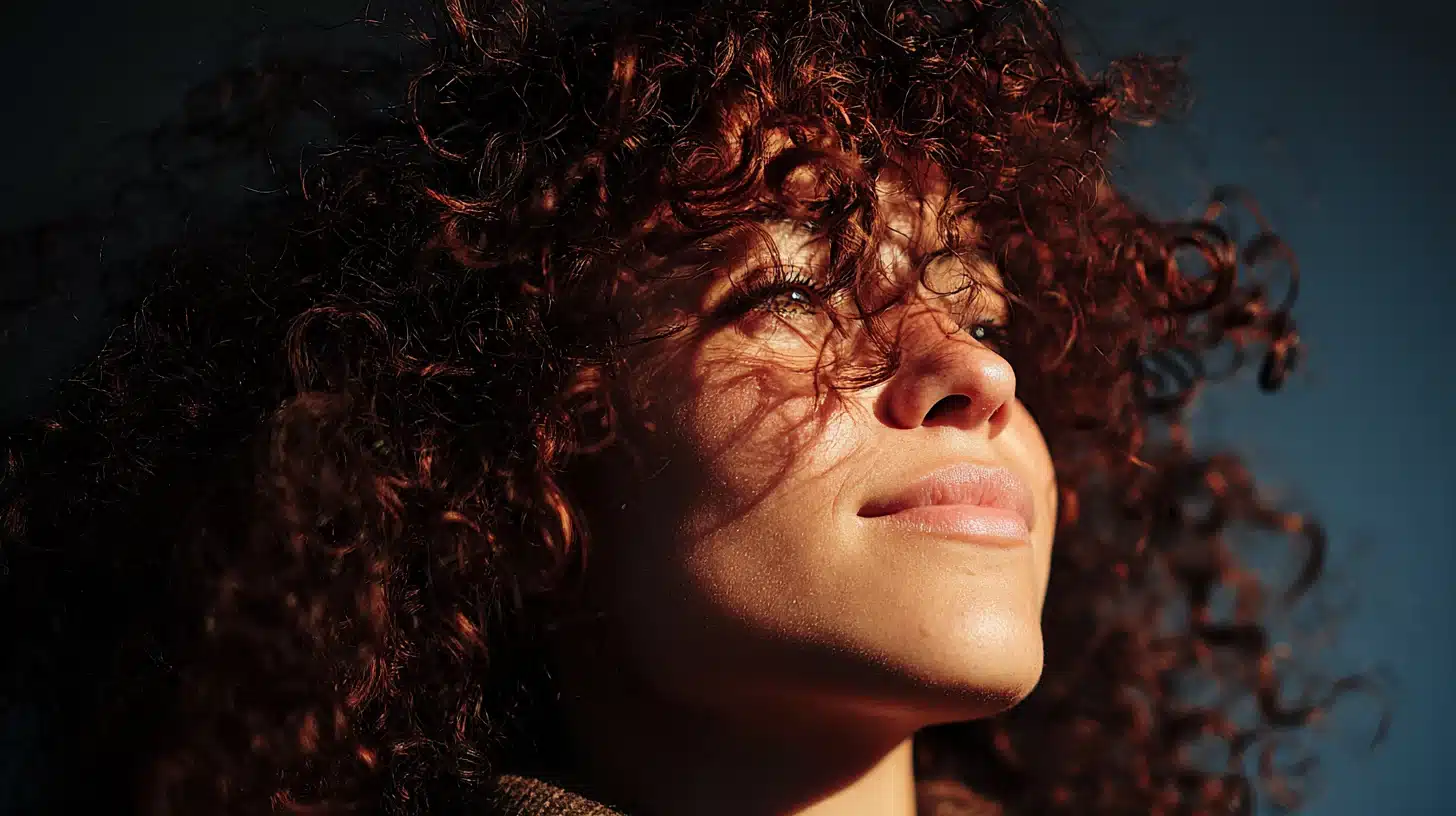 How Diet Changes Curly Hair Health and Growth Over Time shown in a close-up of a woman with dark auburn curls in dappled sunlight