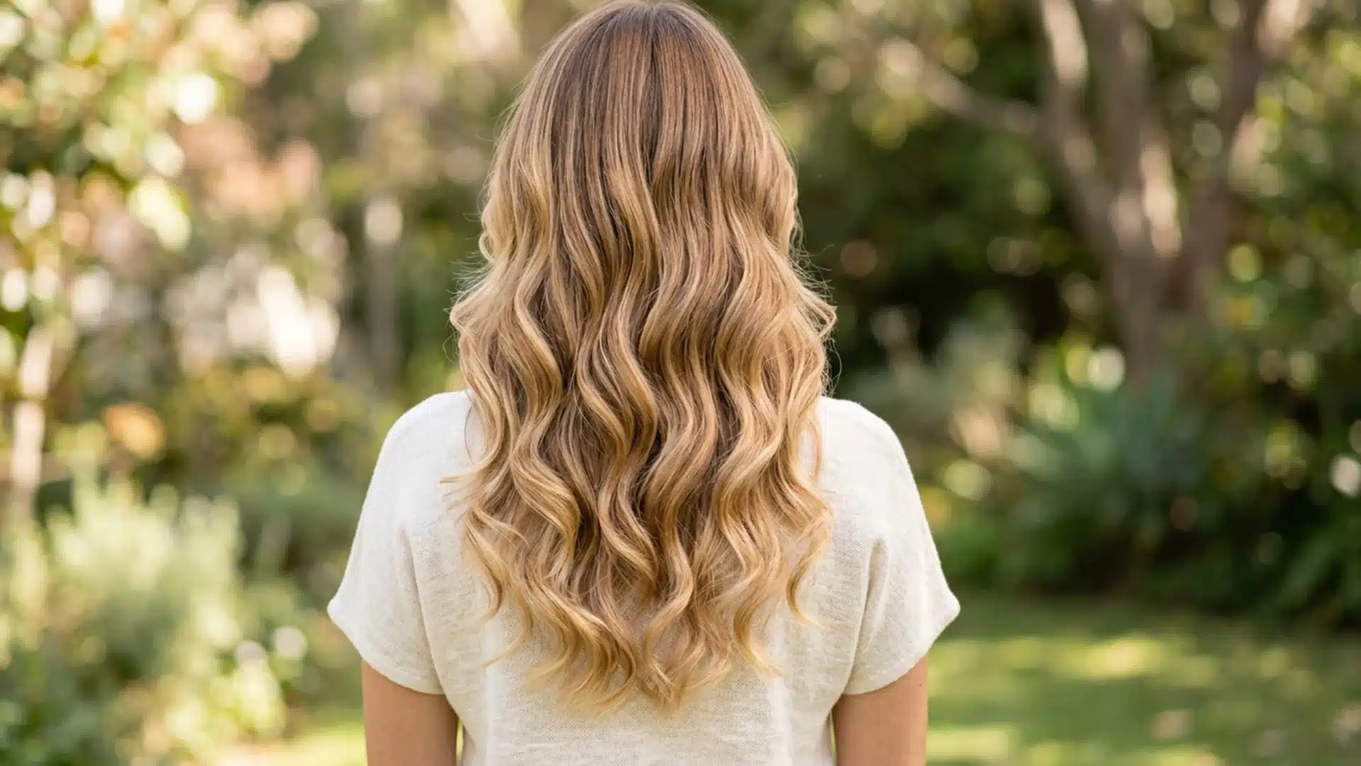 Mid-back view of wavy hair with seamless color melt blending caramel and blonde tones into a smooth multi-tonal finish