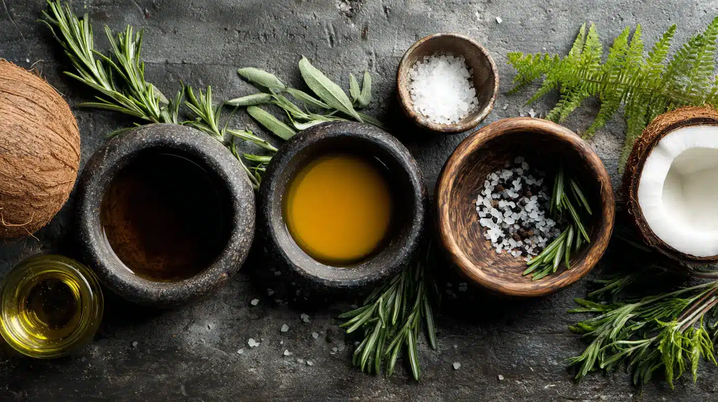 Overhead view of coconut, oils, sea salt, peppercorns, rosemary, and sage arranged on a dark, textured surface