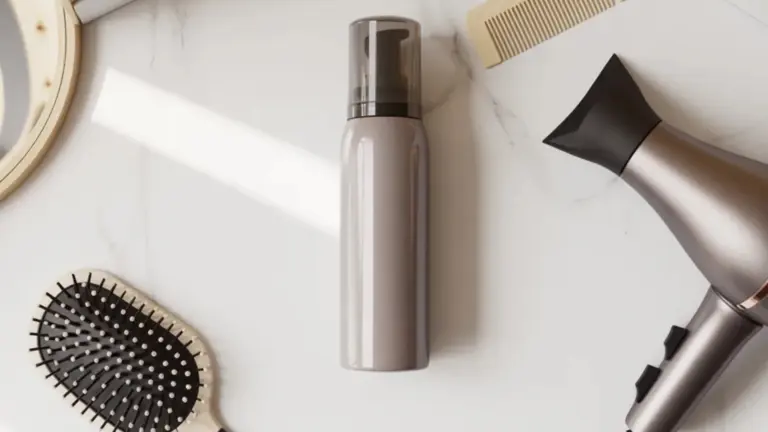 Overhead view of hair styling products, spray can, paddle brush, wooden comb, modern hairdryer on white marble surface.