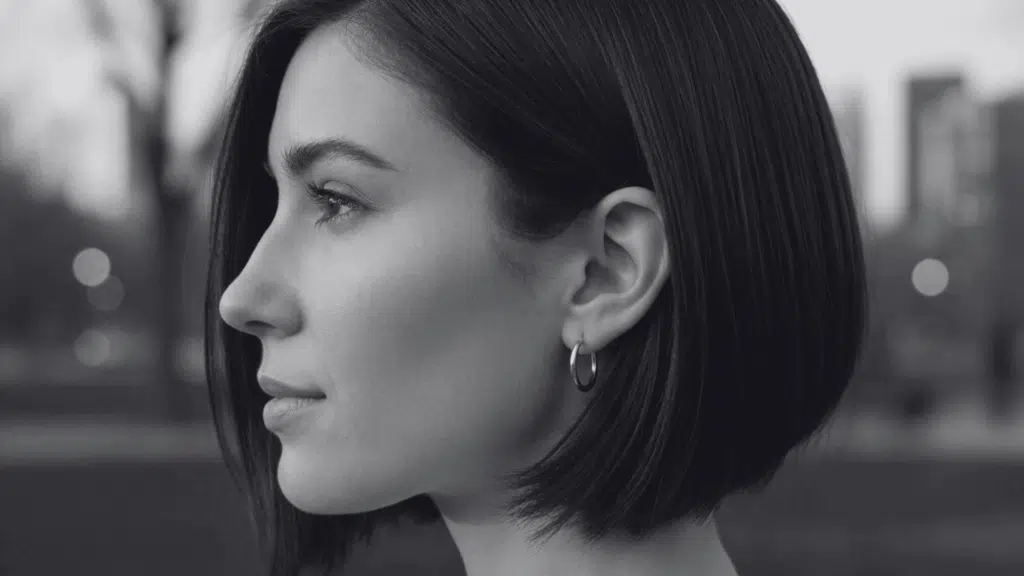 Profile view of a woman with short, dark brown bob haircut wearing silver hoop earrings outdoors in a park with blurred city skyline background