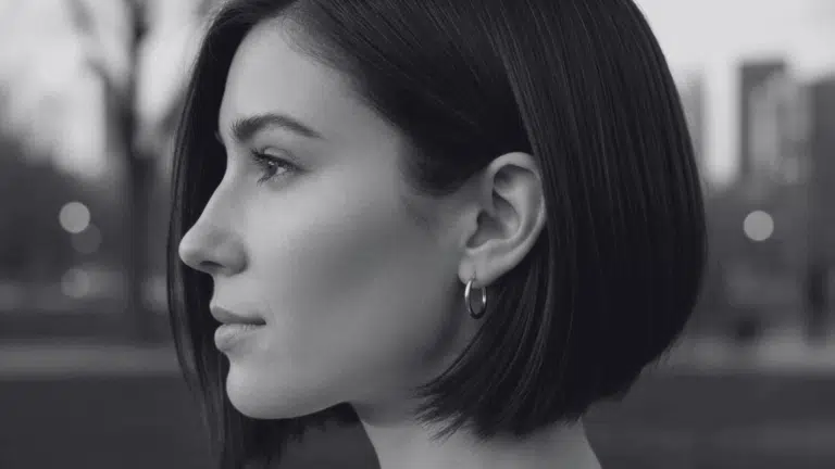 Profile view of a woman with short, dark brown bob haircut wearing silver hoop earrings outdoors in a park with blurred city skyline background