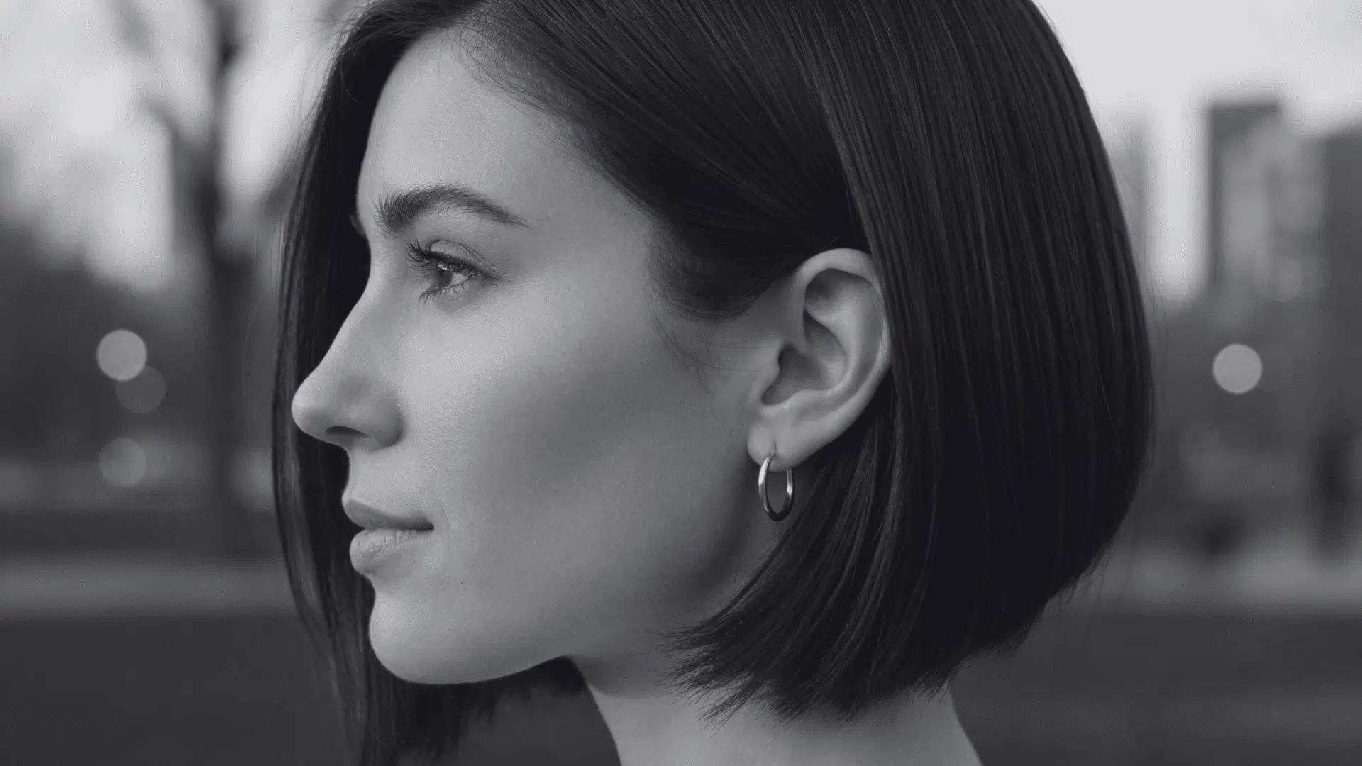 Profile view of a woman with short, dark brown bob haircut wearing silver hoop earrings outdoors in a park with blurred city skyline background