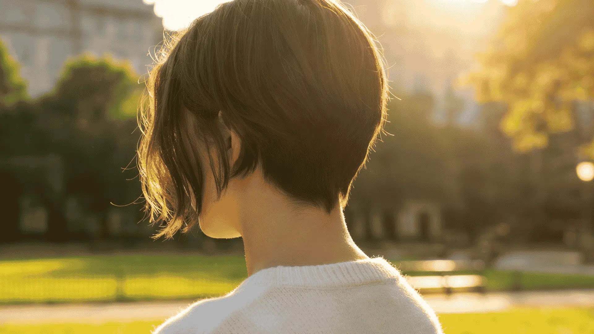 Rear view of a person with a short brown haircut wearing a white sweater standing outdoors during golden hour sunlight