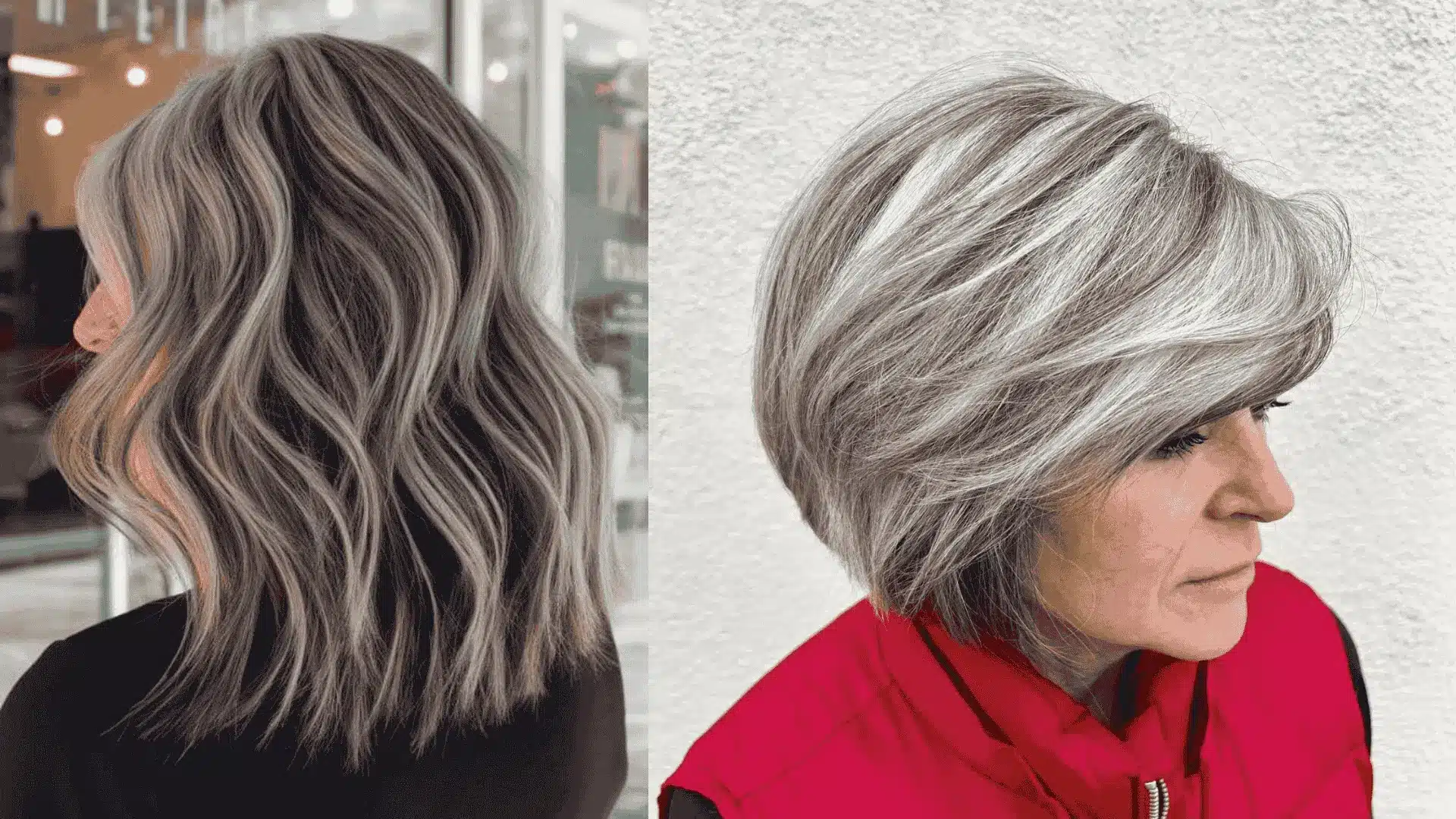 Shots of a woman with gray hair, showing how lowlights can improve and complement gray tones in hair