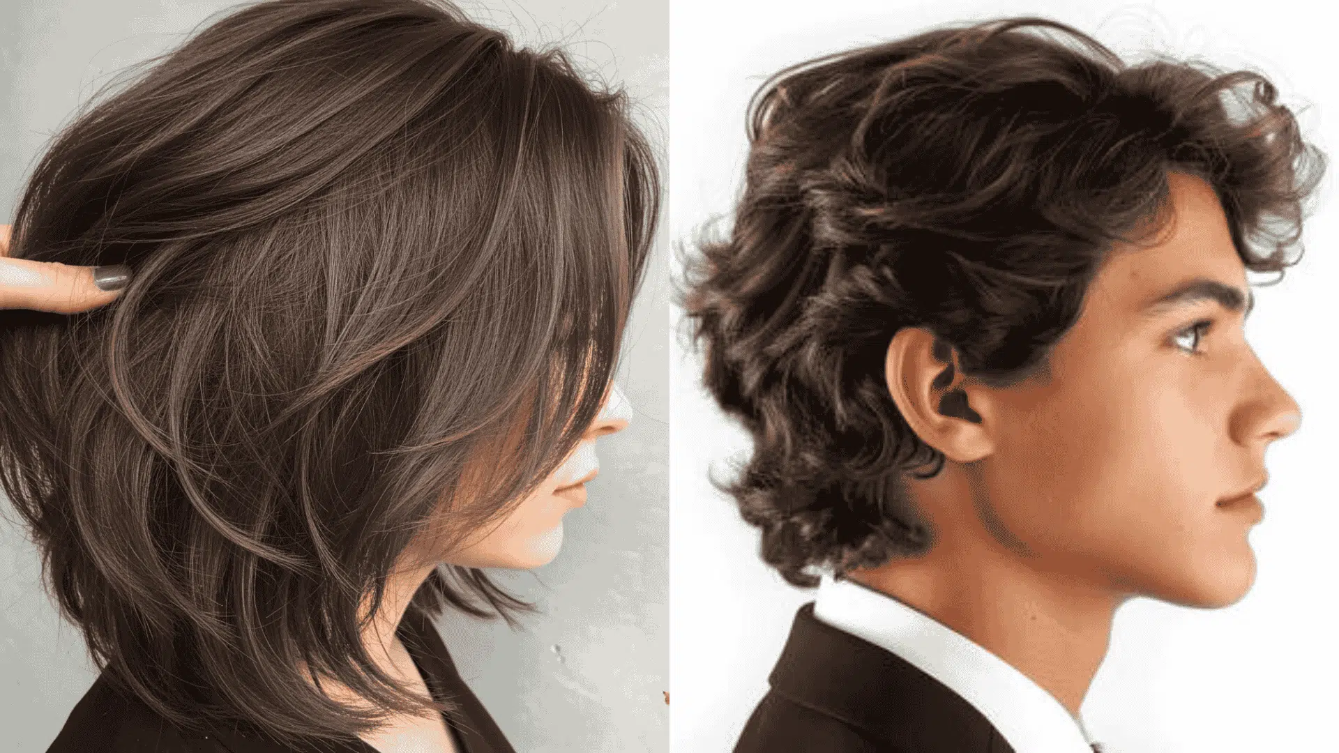 Side-by-side comparison of a woman with a layered dark brown lob haircut and a young man with dark, wavy, medium-length hair in profile views