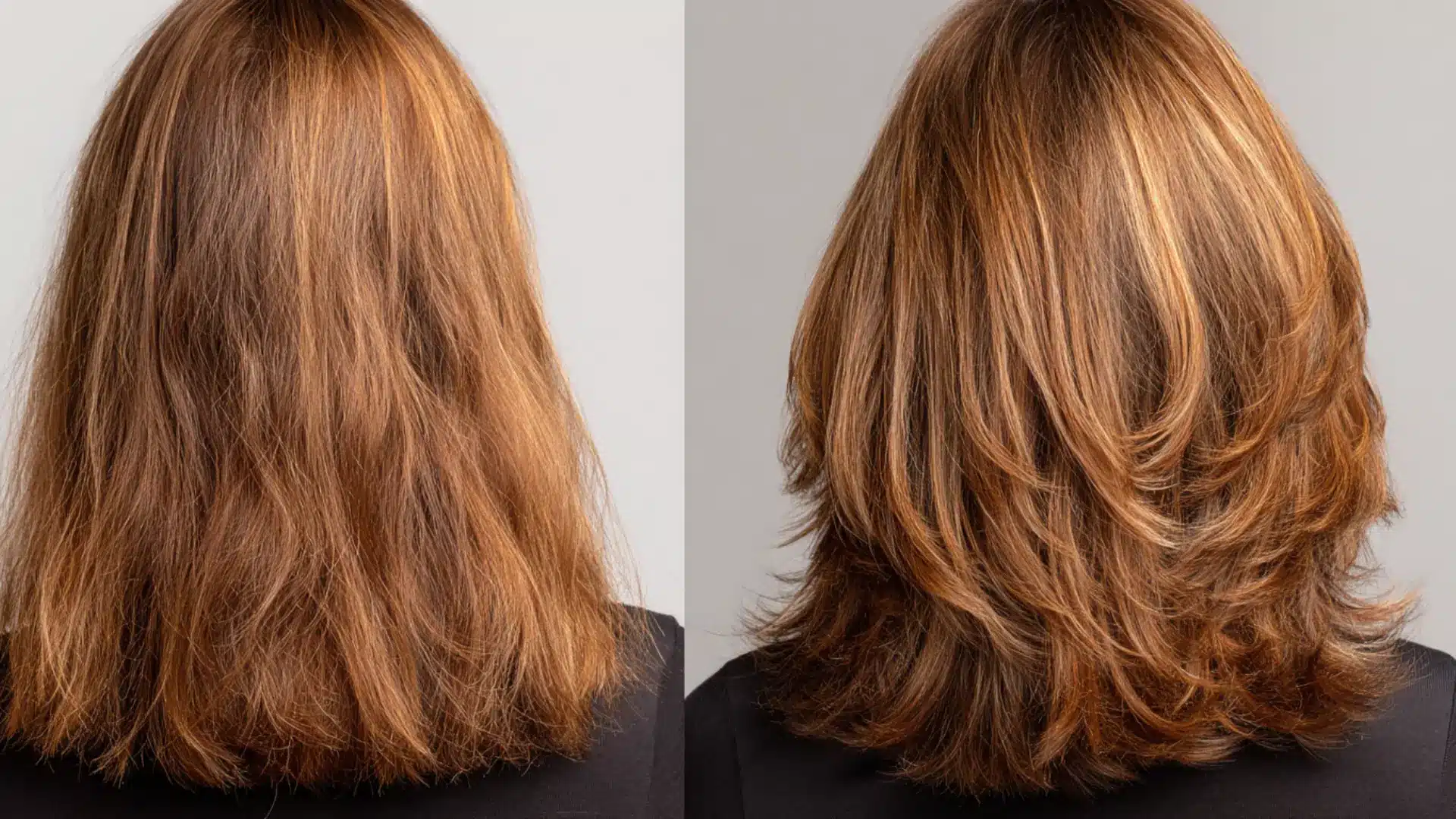 Side-by-side comparison of a woman’s hair, woman’s brown hair before and after, illustrating a transformation of flat hair to fuller hair