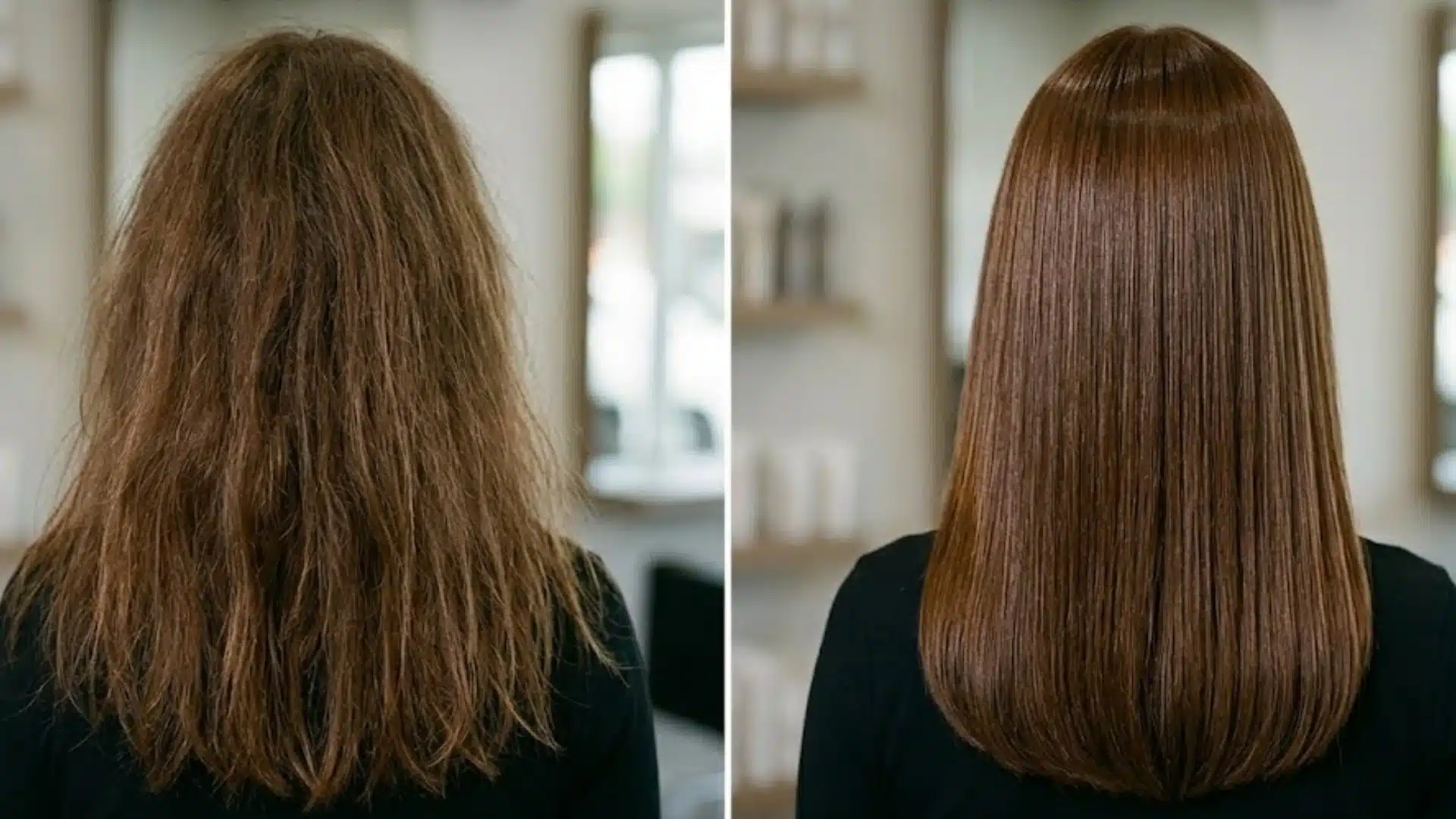 Side-by-side comparison showing frizzy brown hair before and smooth, glossy brown hair after a hair glazing treatment
