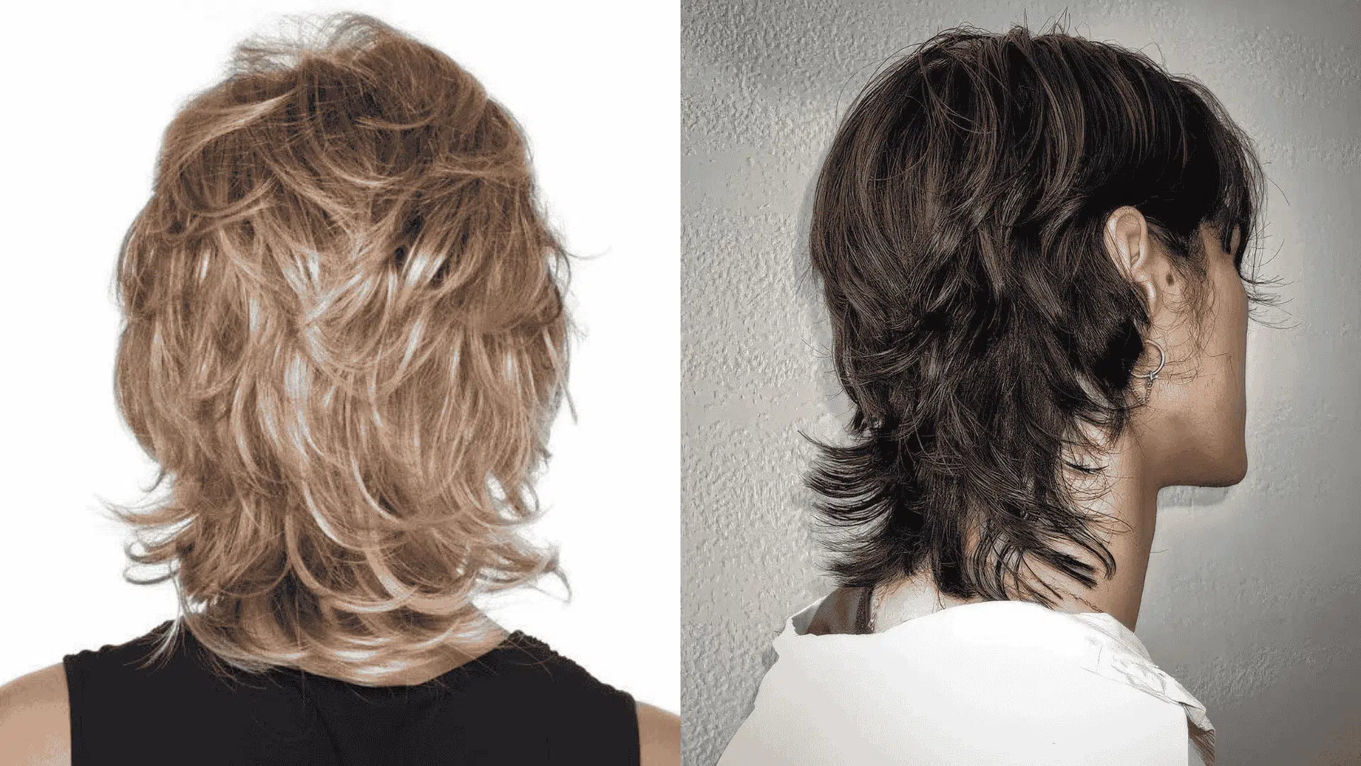 Side-by-side comparison showing the back view of a layered blonde shag haircut and the profile view of a layered dark mullet haircut