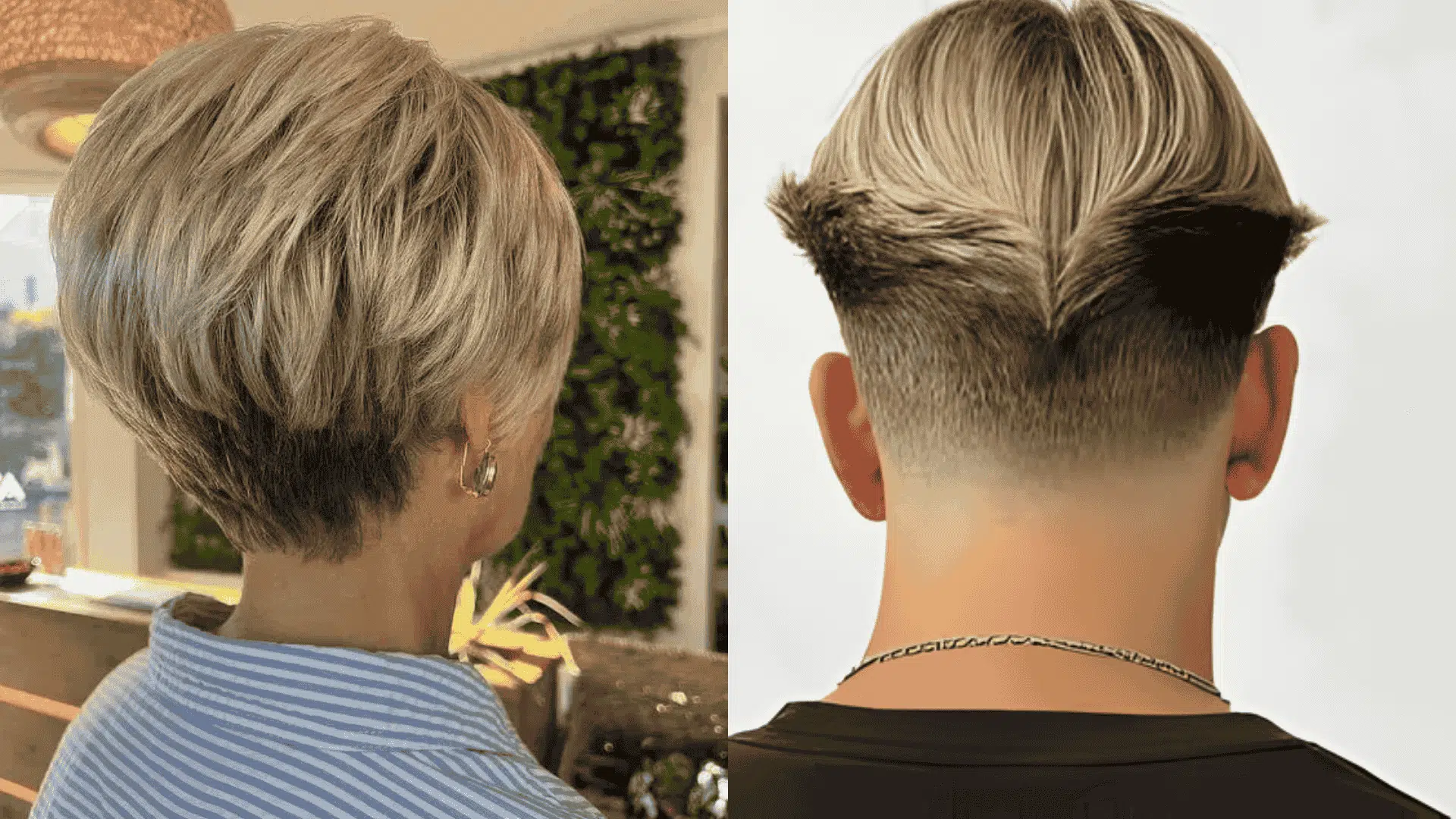 Side-by-side comparison showing the back view of wedge hairstyles of both men and women