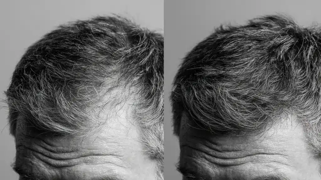 Side-by-side images of a man with gray hair, illustrating the changes in hair density after using minoxidil.