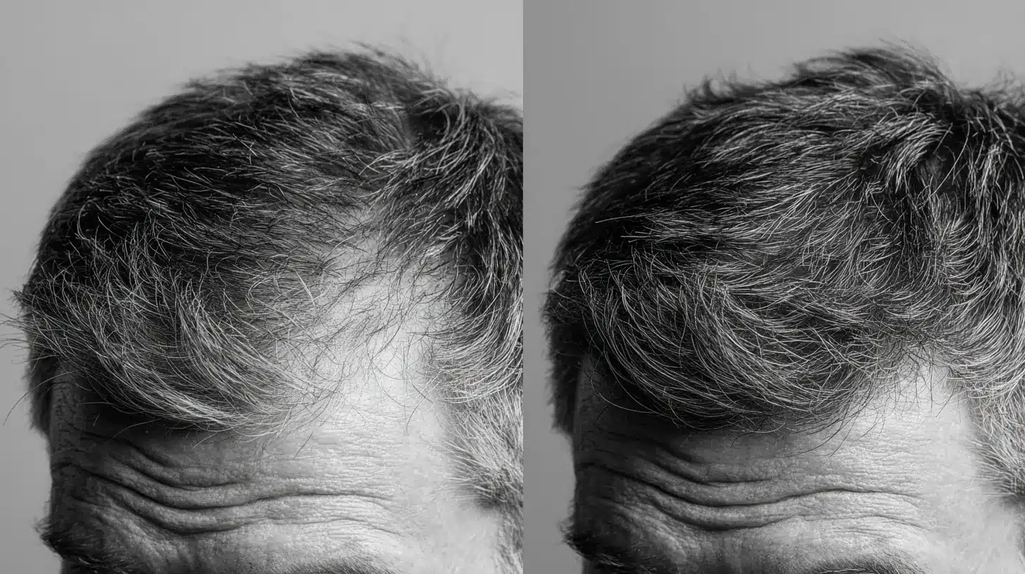 Side-by-side images of a man with gray hair, illustrating the changes in hair density after using minoxidil.