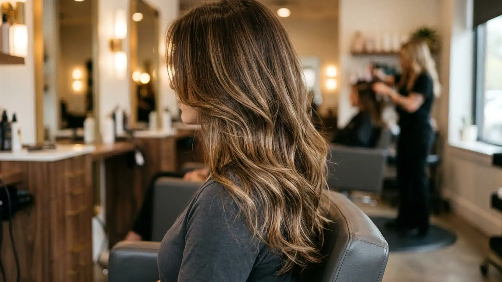 Side view of long layered brown hair with blended blonde teasy lights creating soft diffused brightness and natural dimension