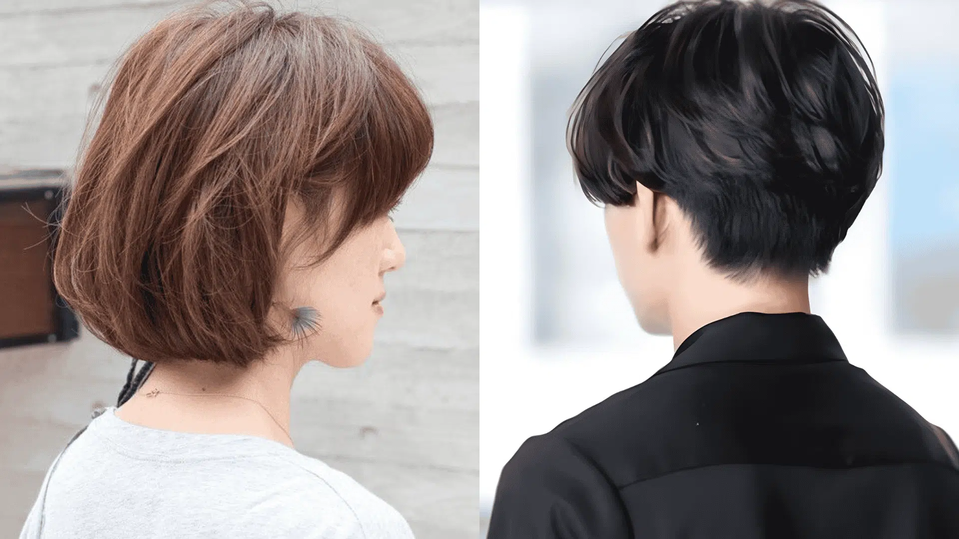 Split image comparing a woman's short, layered brown bob haircut in profile and a man's dark, voluminous layered haircut viewed from the back (1)