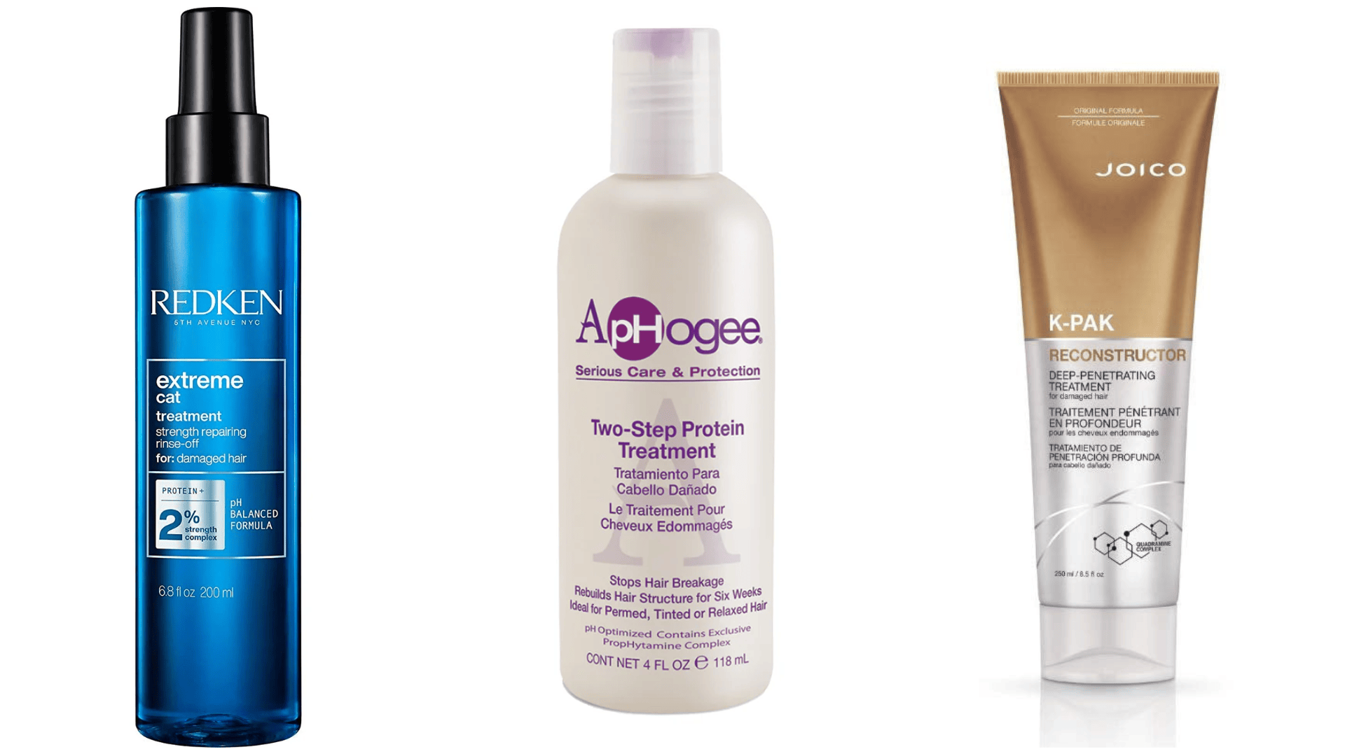 Three bottles of protein treatments to show what does conditioner do for repairing and strengthening damaged hair fibers (1)