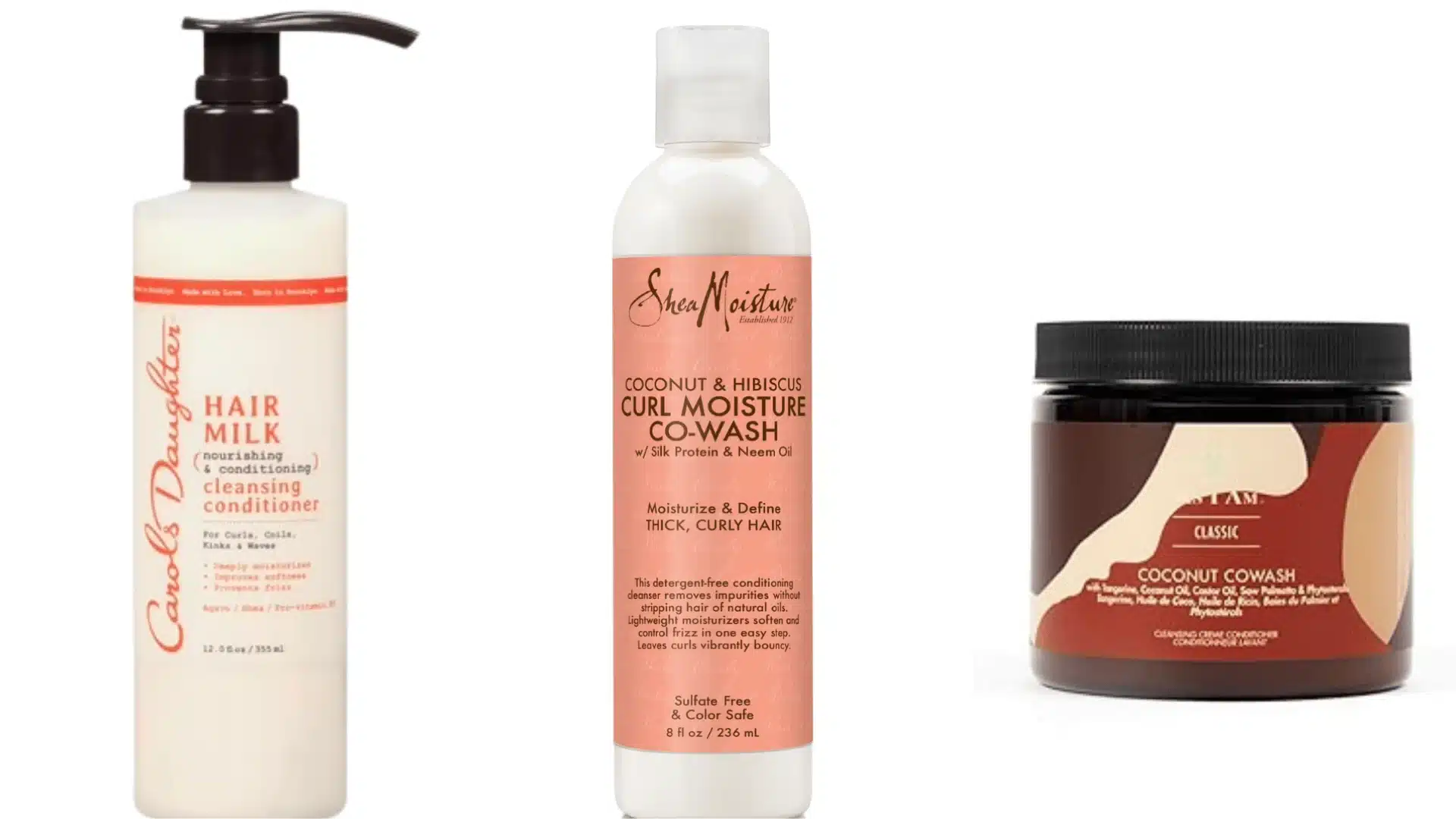 Three hair care bottles from Carols Daughter SheaMoisture and As I Am brands for co washing curls on a white background