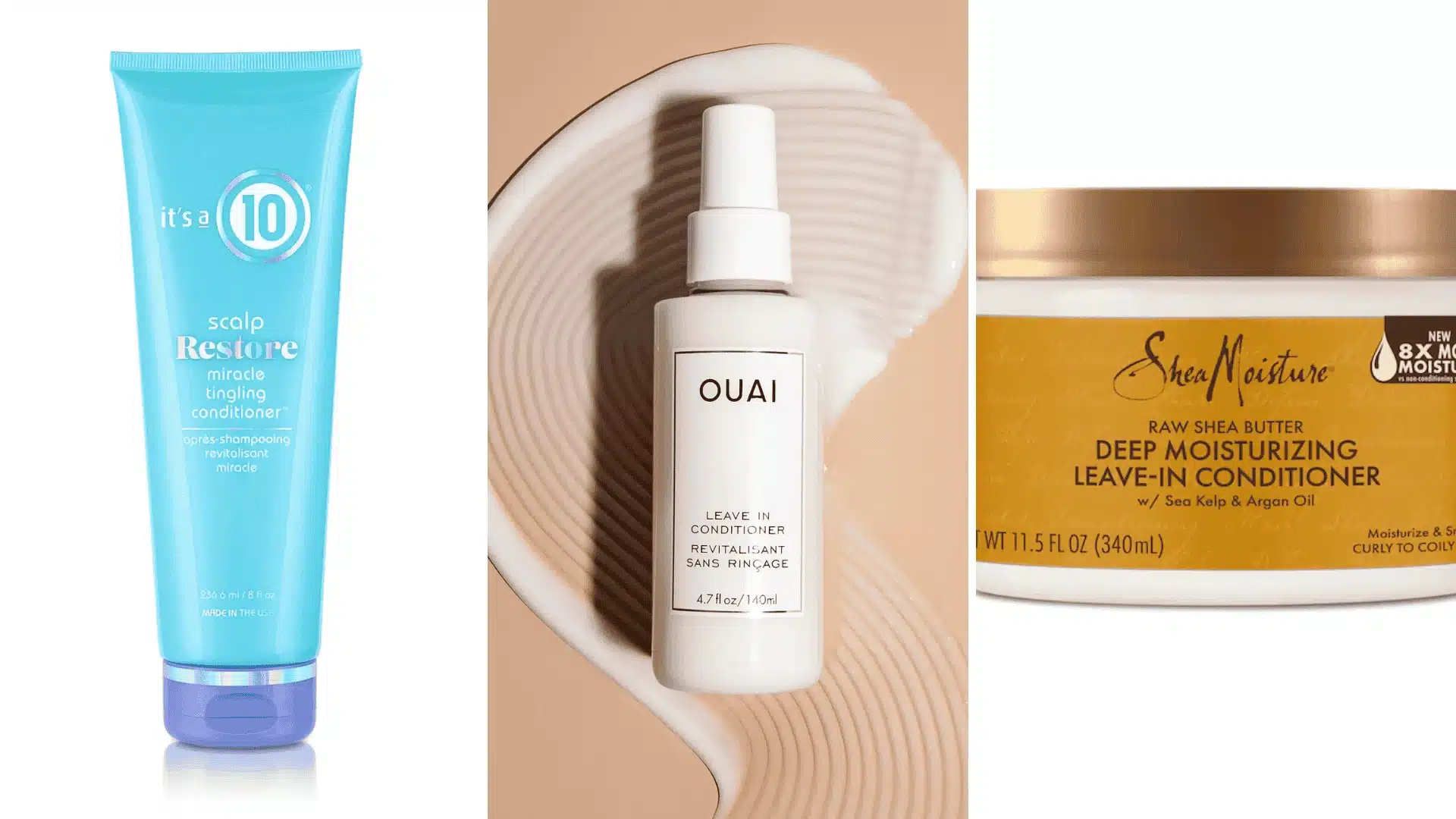 Three hair care containers from Its a 10 Ouai and SheaMoisture brands stand beside a swirl of white cream on a tan base