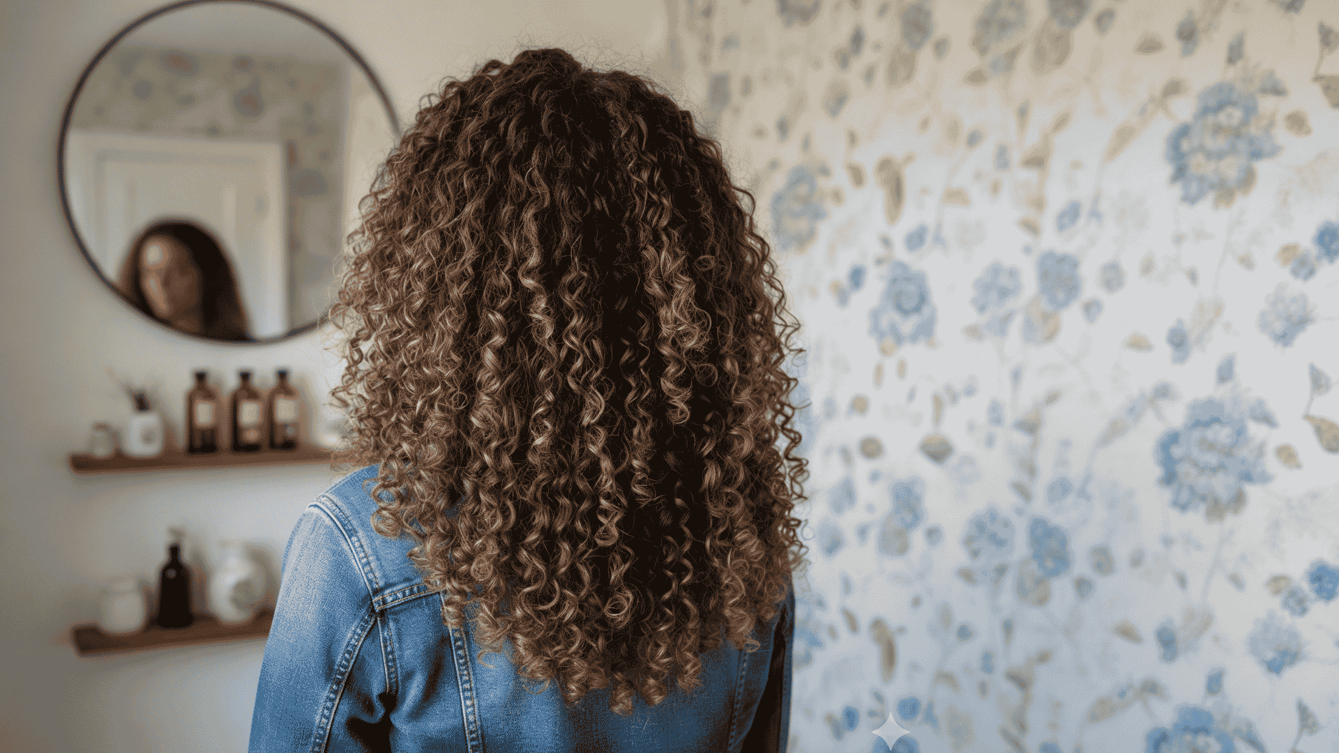 View from behind of a woman with long, voluminous brown curly hair wearing a denim jacket against white and blue floral wallpaper with nearby mirror reflection