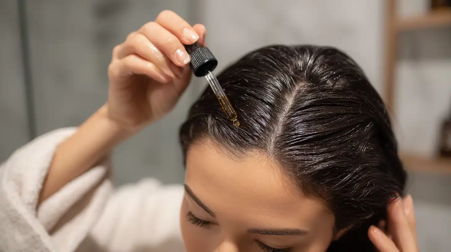 Woman applying liquid exfoliant to scalp with dropper parting hair in sections to cover skin evenly before rinsing later