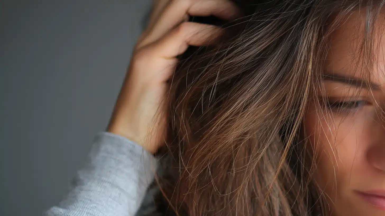 Woman examining thinning hair and scalp while touching strands, showing concern about hair loss and hair health