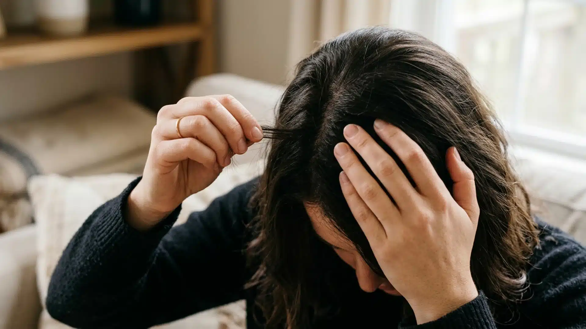 Woman in a dark sweater examining her dark, thinning hair roots near a window