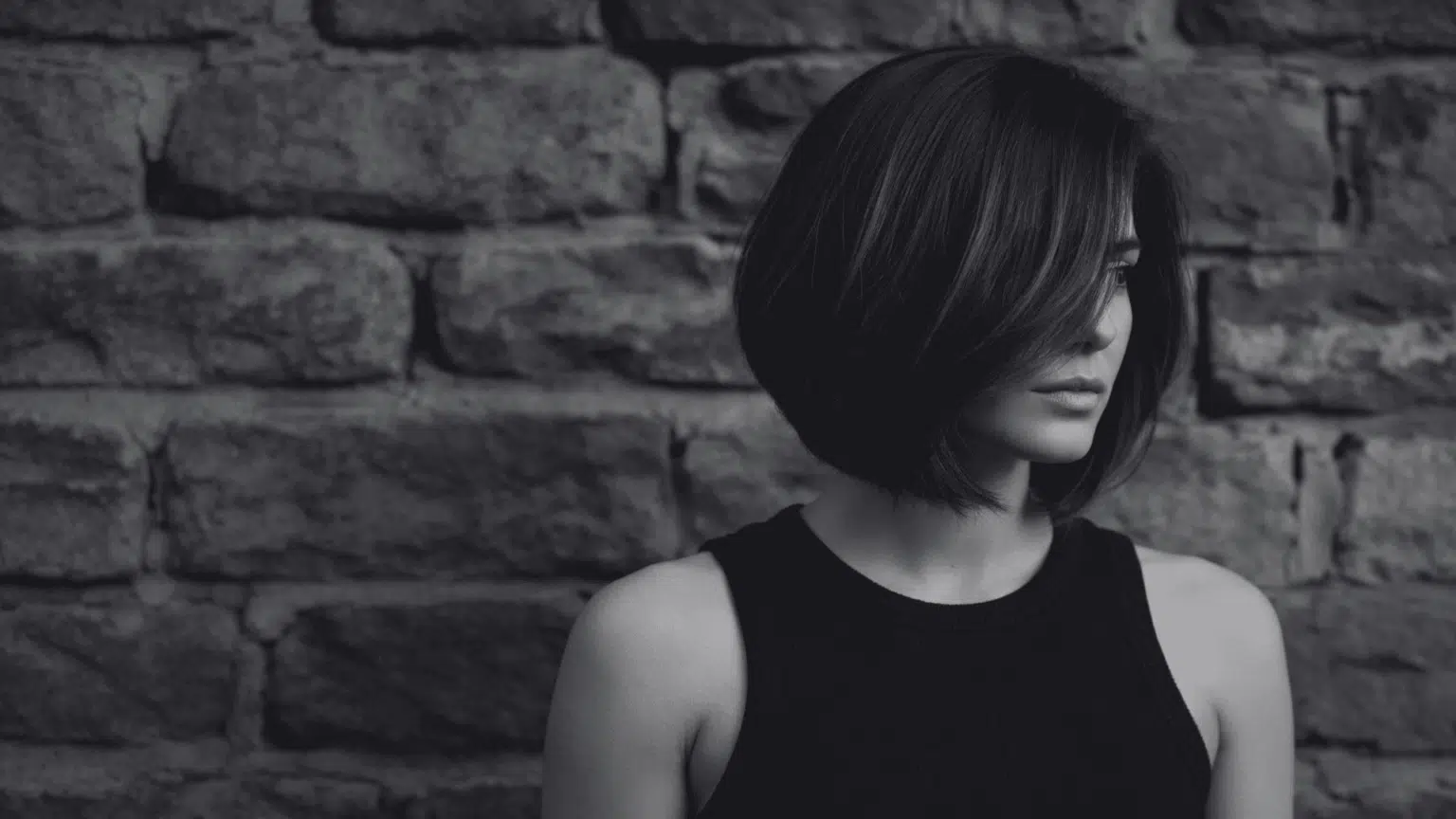 Woman with dark, layered, asymmetrical bob hairstyle wearing a black tank top against a rough-hewn stone wall background
