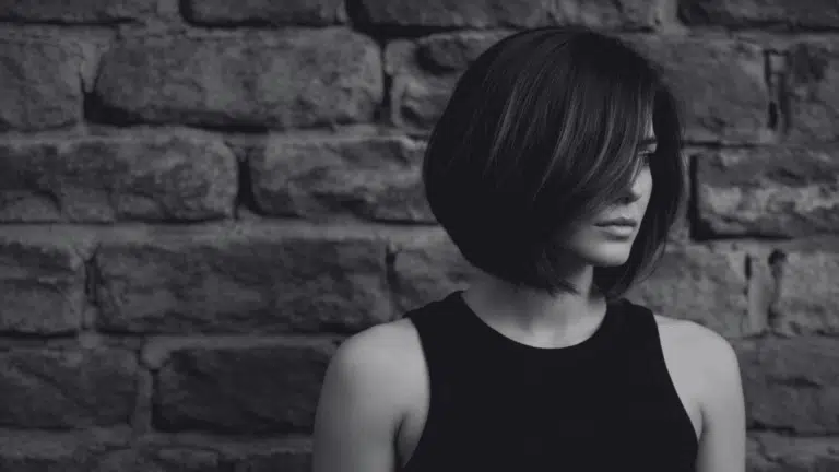 Woman with dark, layered, asymmetrical bob hairstyle wearing a black tank top against a rough-hewn stone wall background