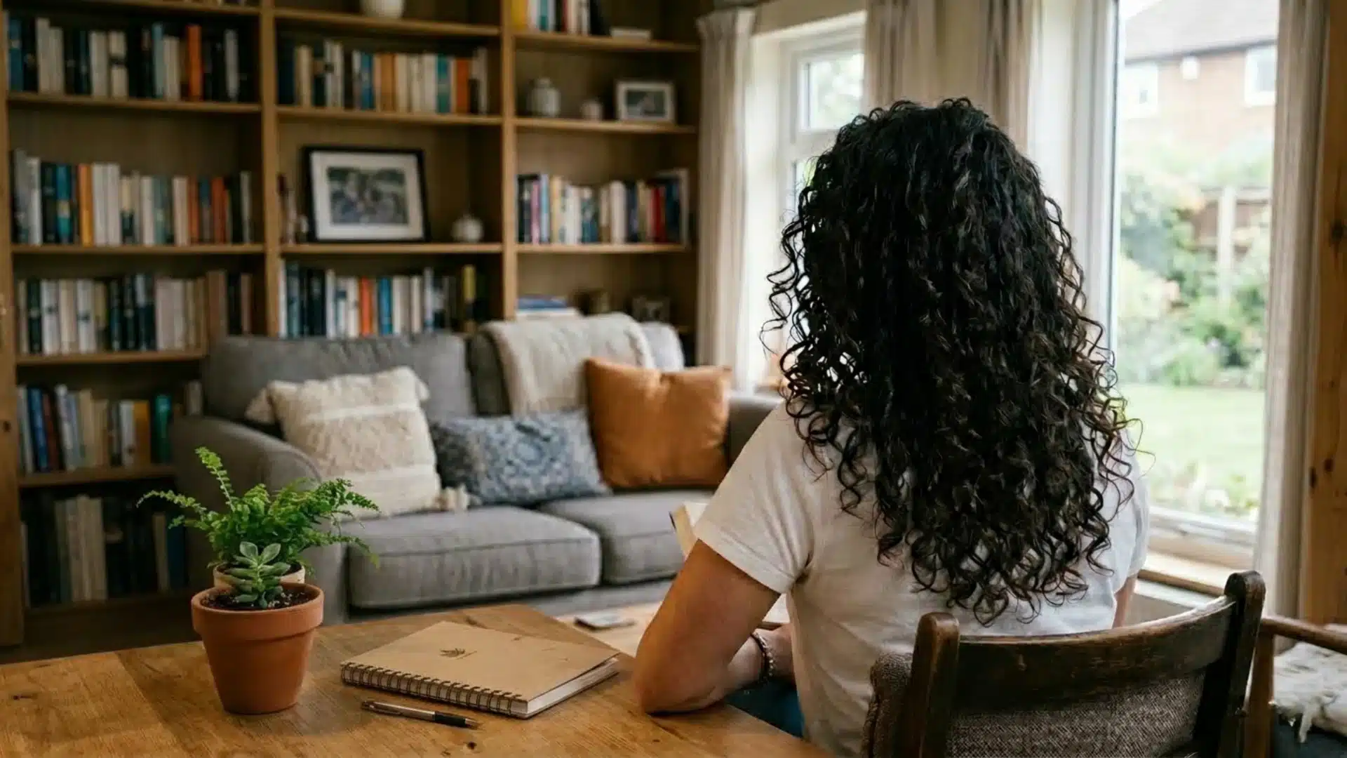 Woman with long dark curly hair sits at a wooden desk, gazing at a garden window. A bookshelf and a sofa fill the cozy background.