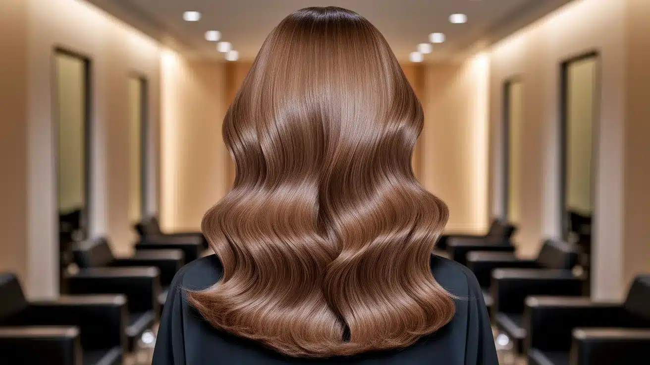 Woman with long, glossy, perfectly waved brown hair seen from behind in a softly lit hair salon