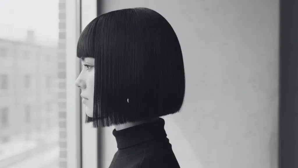 Woman with sharp black bob haircut and black turtleneck looking out a window at a blurred city scene