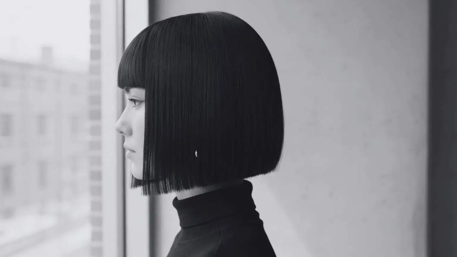 Woman with sharp black bob haircut and black turtleneck looking out a window at a blurred city scene