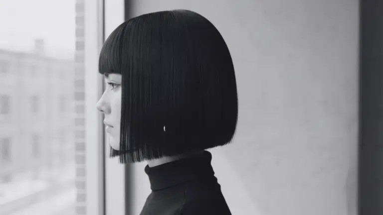 Woman with sharp black bob haircut and black turtleneck looking out a window at a blurred city scene