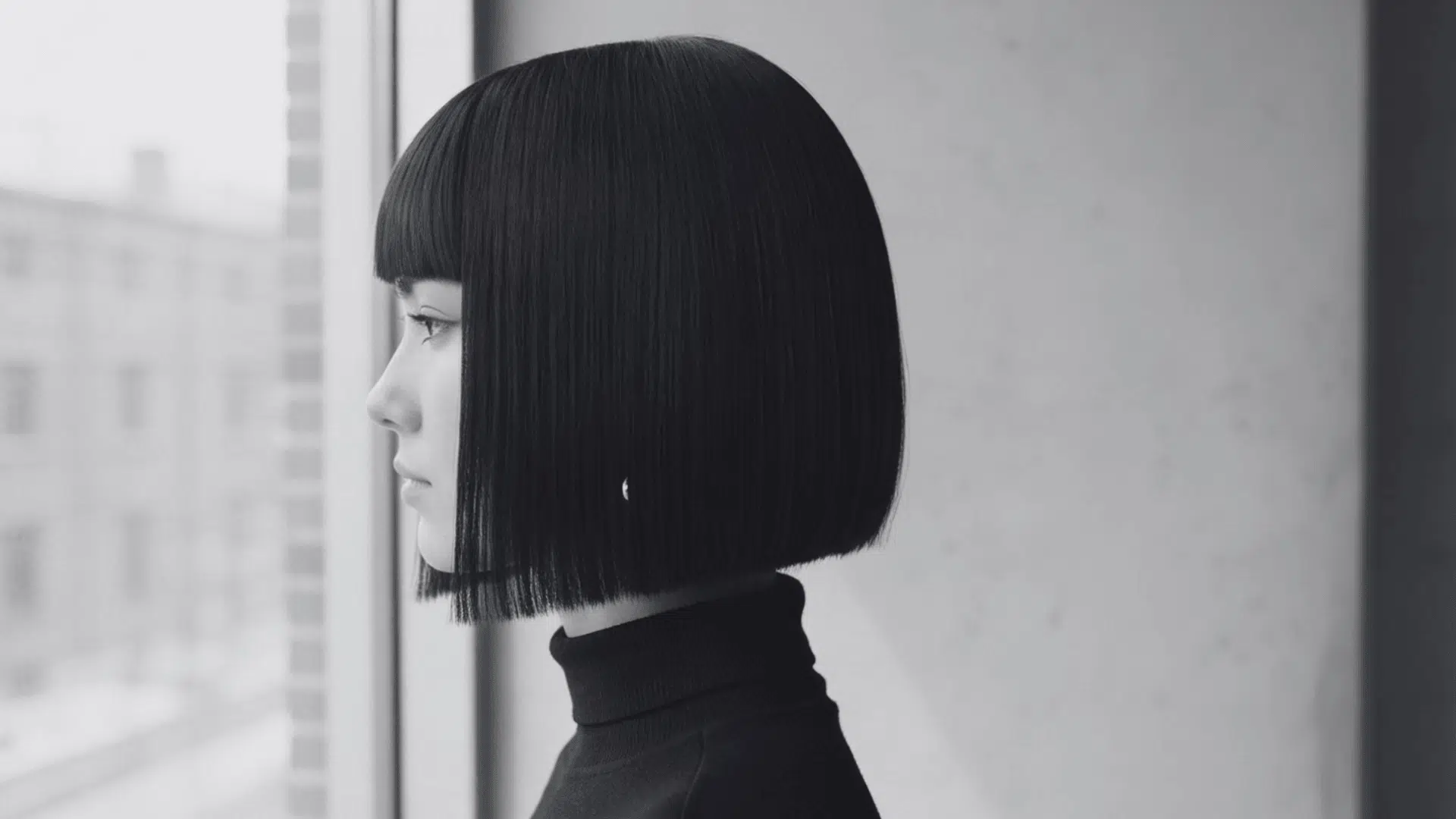 Woman with sharp black bob haircut and black turtleneck looking out a window at a blurred city scene