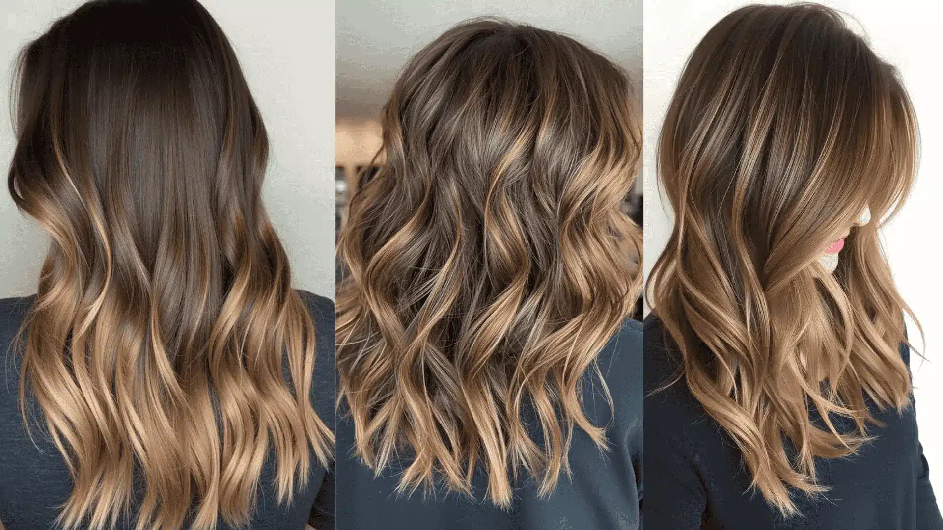 Woman’s hair in brown hair color, with gold highlights for a vibrant look