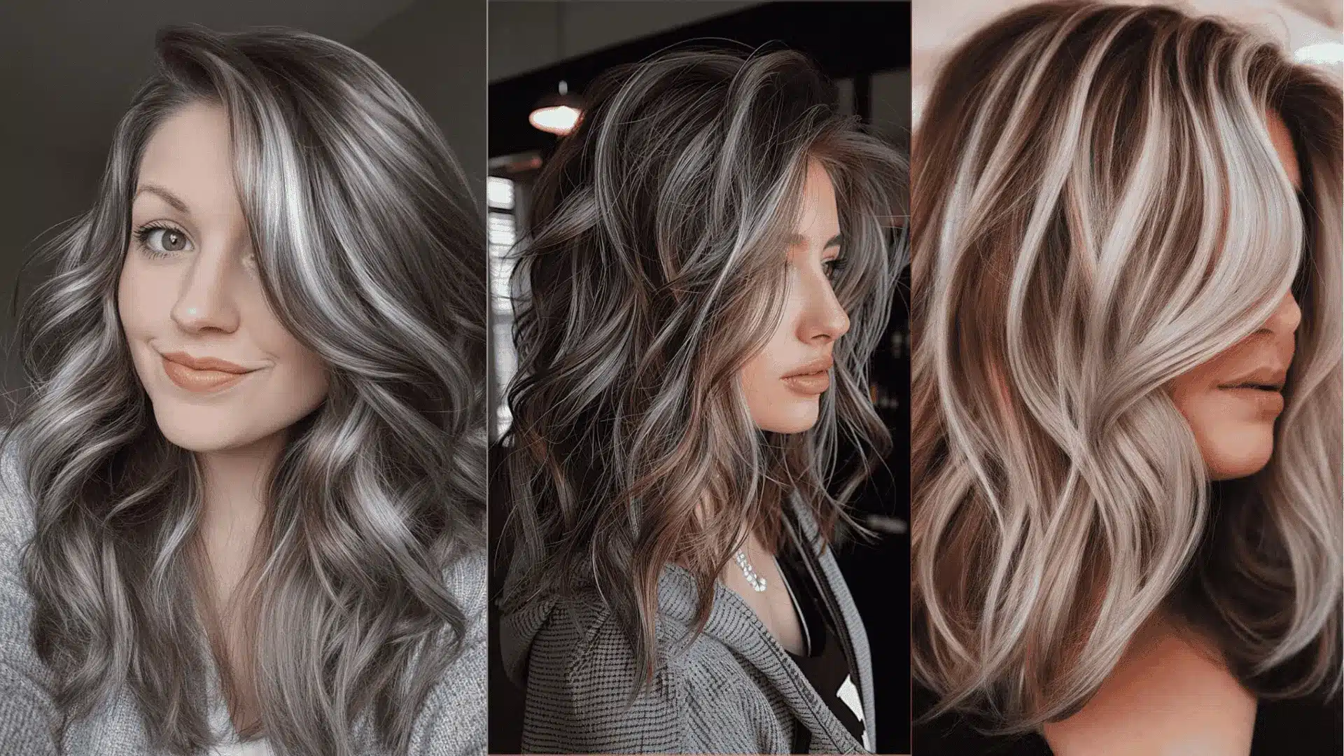 Women with long hair, displaying various silver highlight styles in distinct brown hair