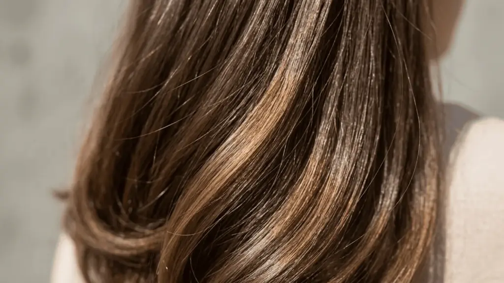 hair lowlights showing slight orange brassiness in natural light explaining why lowlights look orange